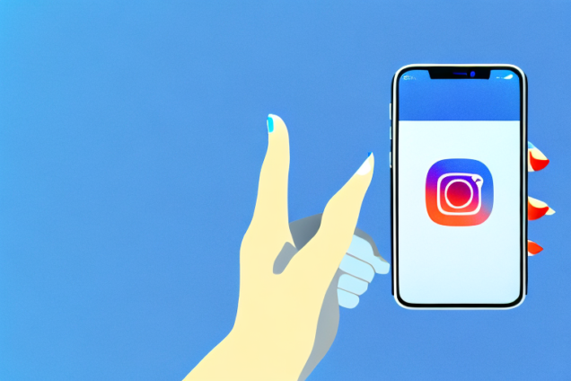 A hand holding a smartphone with a blue instagram logo on the screen