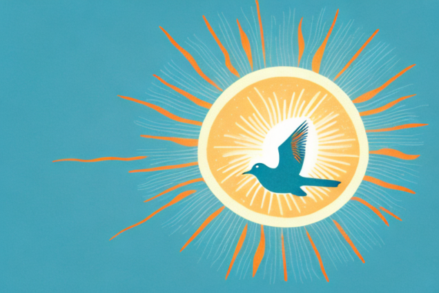 A bird flying in front of a sunburst