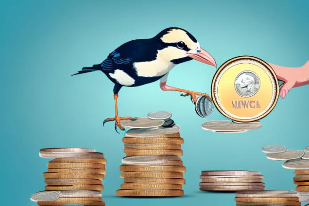 A bird perched on a stack of coins