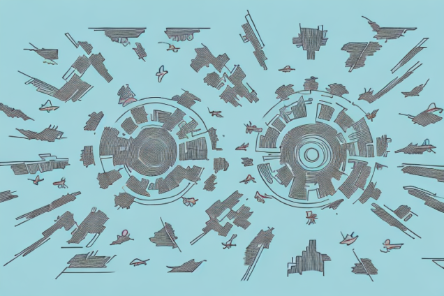 A bird's-eye view of a cityscape with a person standing in the center