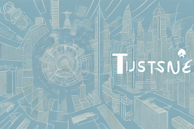 A bird's eye view of a cityscape with a large twitter logo in the center