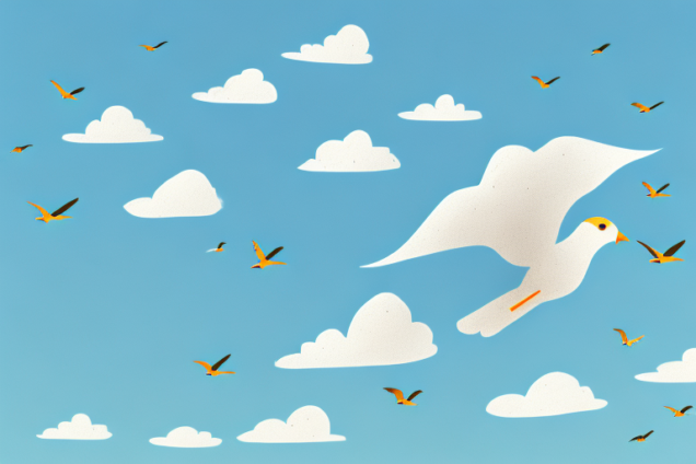 A bird flying up towards a flock of birds in the sky