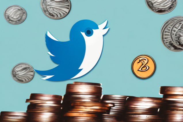 A twitter bird perched atop a pile of coins