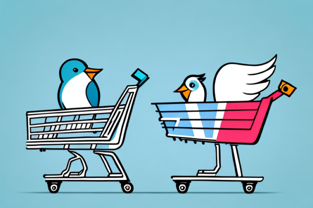 A twitter bird with a shopping cart full of followers