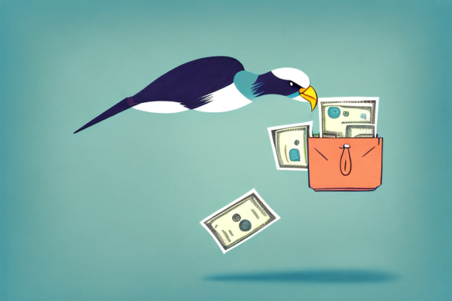 A bird flying with a bag of money