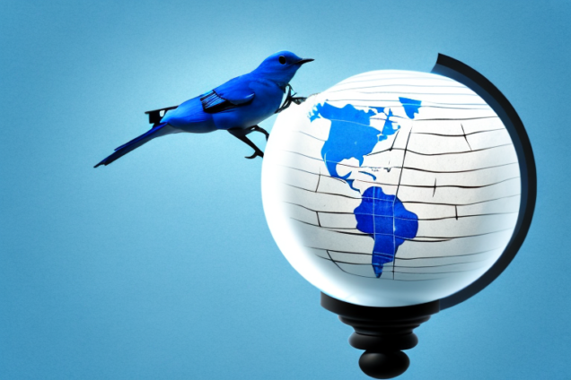 A blue bird flying around a globe