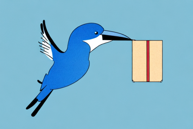 A blue bird flying with a package in its beak