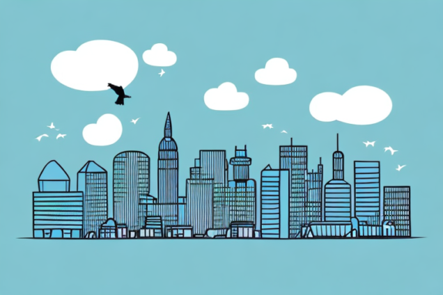 A bird flying over a city skyline