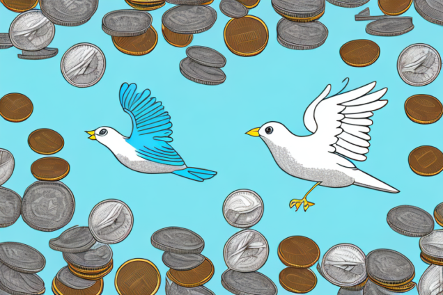 A bird flying away from a pile of coins