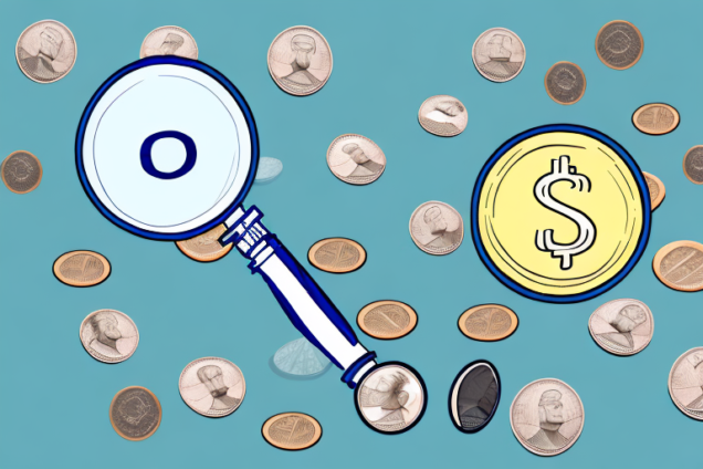 A stack of coins and a magnifying glass