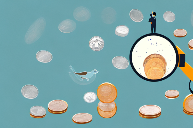 A bird in flight with a magnifying glass in its beak