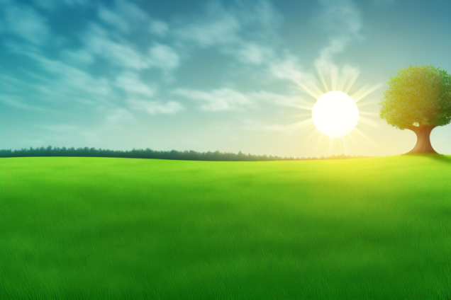 A sun rising over a field of grass with a winding path leading up to a large tree