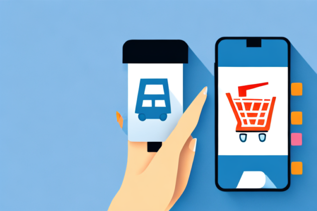 A hand holding a smartphone with a shopping cart icon on the screen